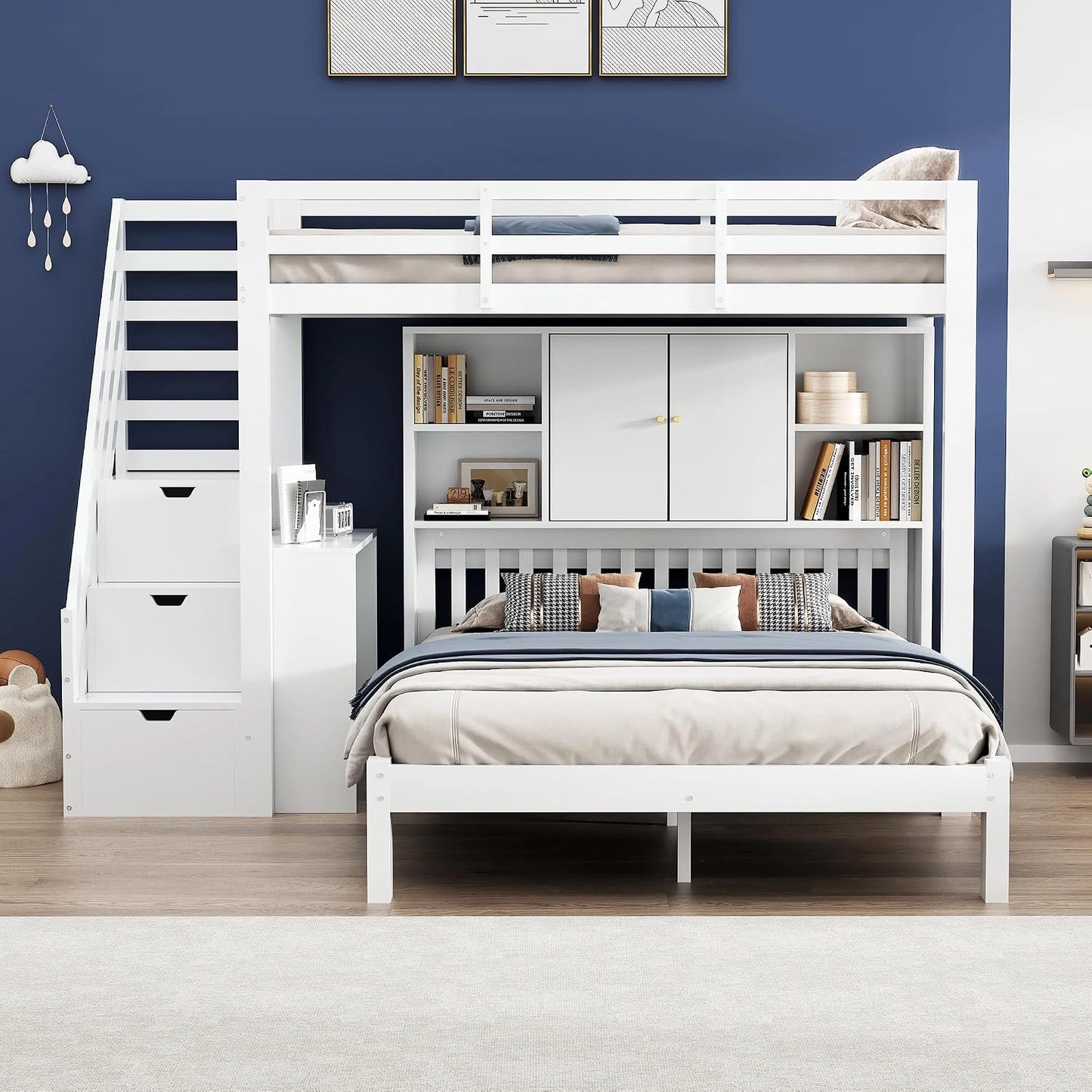 Sapgaks Lit superposé Enfant 90x200 avec étagère de Rangement, Blanc, lit cabane Enfants 140x200, lit Mezzanine 2 Places avec escalier, avec Barriere