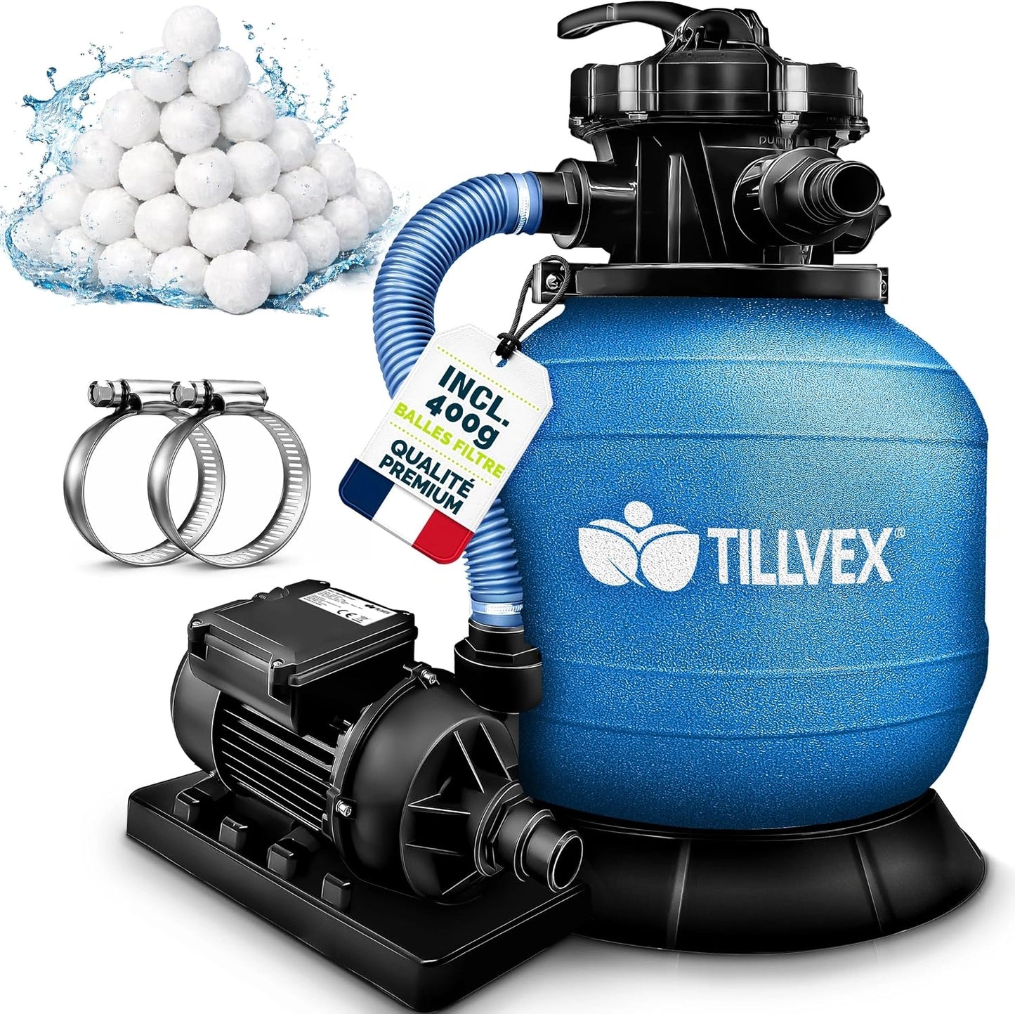 tillvex Système de Filtre à Sable 7.900 L/h + 400g Boules de Filtre, Filtre de piscine avec indicateur de pression (Bleu)