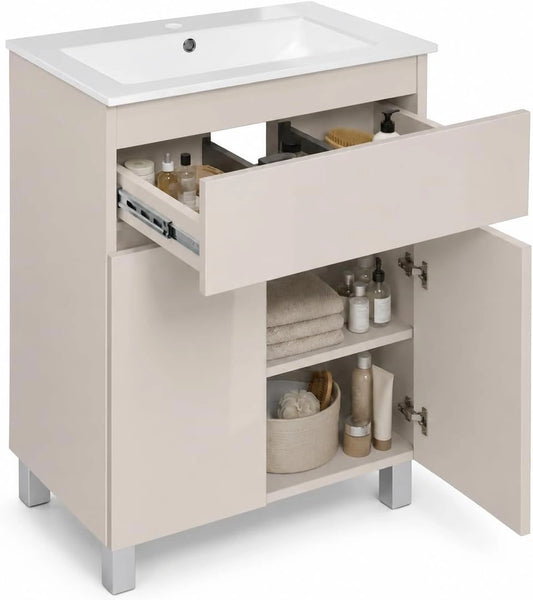 Lavabo avec Meuble Bas Ariza Sink, Beige, de 60 cm de Large, Meuble de Couleur Cachemire, à Suspendre ou à Poser, lavabo avec s pour la Salle de Bain