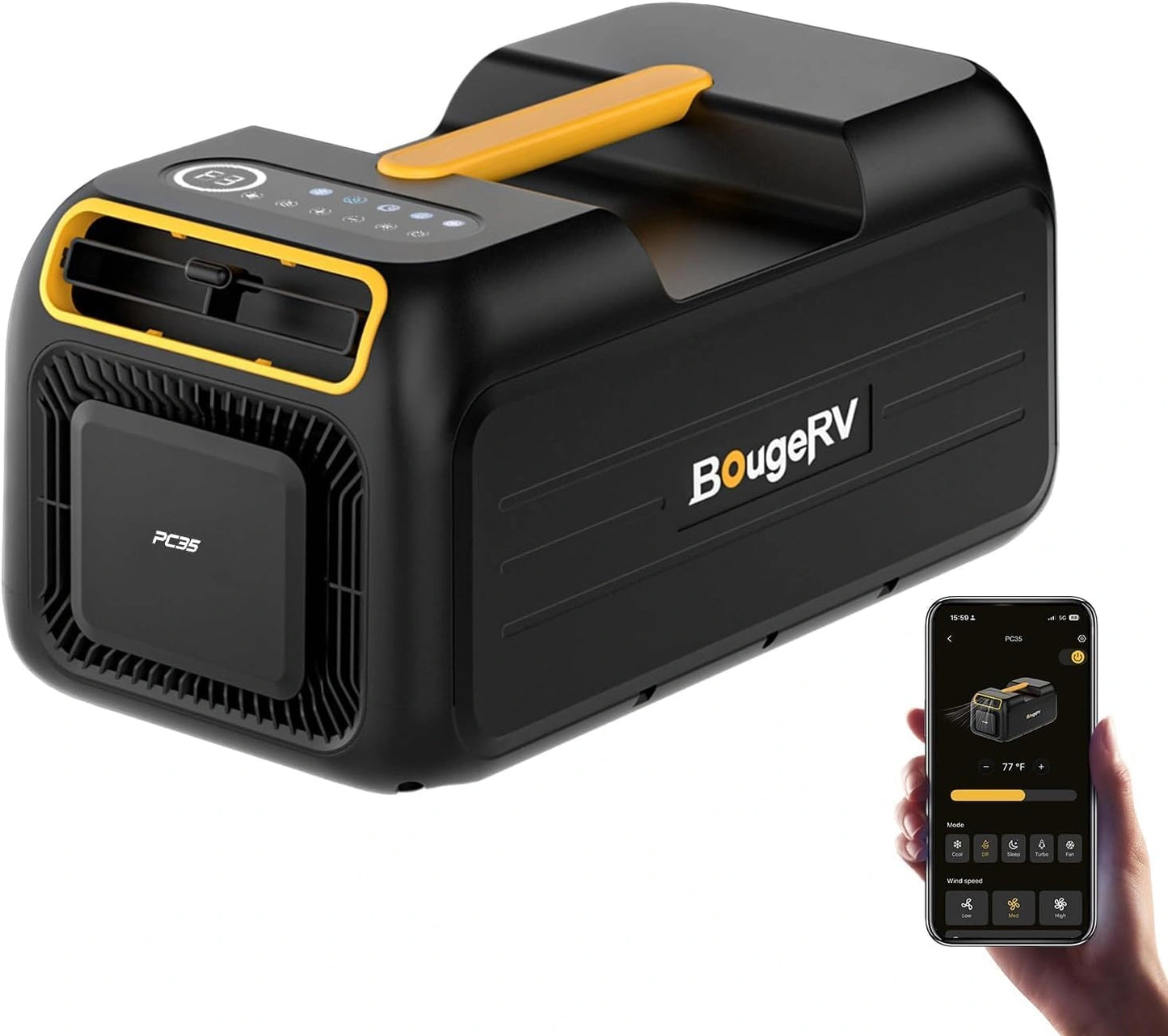 BougeRV PC35 Climatiseur Portable, 3500 BTU Climatisation Mobile, 5 en 1 avec application, CA 100 V-240 V, Compact avec Poignée, Tente, Camion, Van