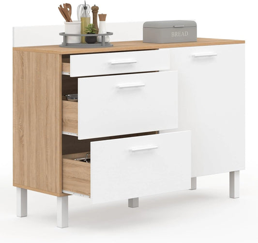 IDMarket - Buffet Bas de Cuisine 120 cm casserolier CINA façon hêtre, Blanc, Plan de travail h.83 cm 1 porte + 3 tiroirs