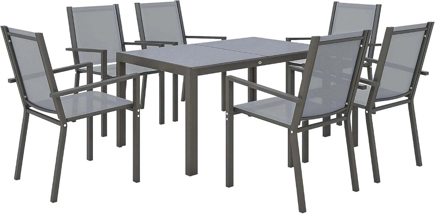 Outsunny Ensemble de Salle à Manger de Jardin pour 6 Personnes Gris, Salon de Jardin Extérieur, Cadres en Acier, Chaises Empilables, Dossiers Hauts