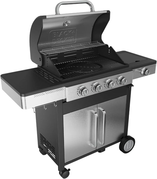 Black+Decker, Noir, Barbecue à gaz BXOG7200F, 2 brûleurs 3,6 kW, Grille en fonte, Nettoyage facile, Thermomètre inox, Zone de cuisson flexible