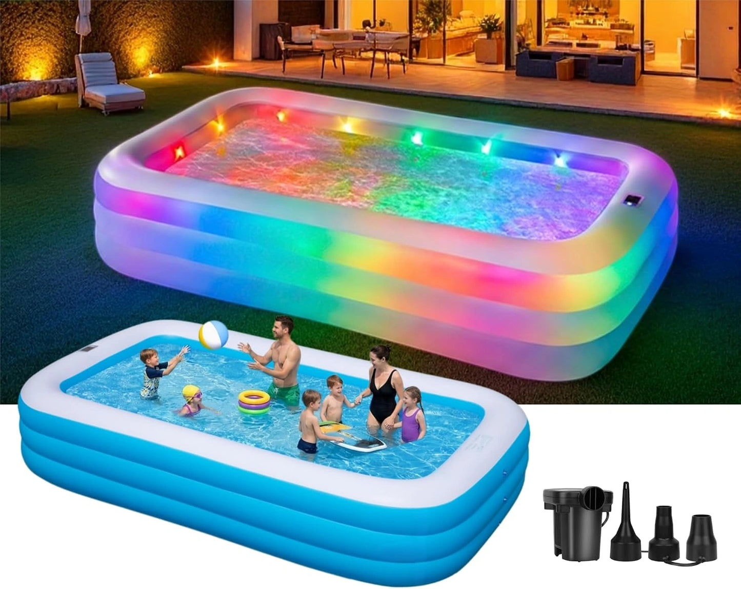 Piscine gonflable pour adultes et enfants, 330,2 x 182,9 x 55,9 cm avec lumières, grande piscine gonflable pour famille