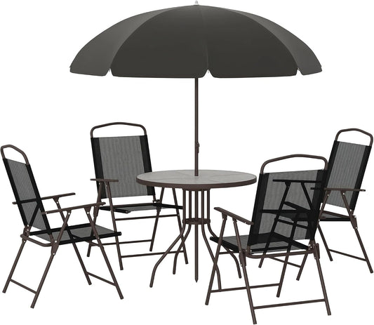 Outsunny Ensemble Salon de Jardin 6 Pcs Table Ronde Parasol Noir, 4 Chaises Pliables Extérieur, Acier Époxy Café, Textilène, Polyester