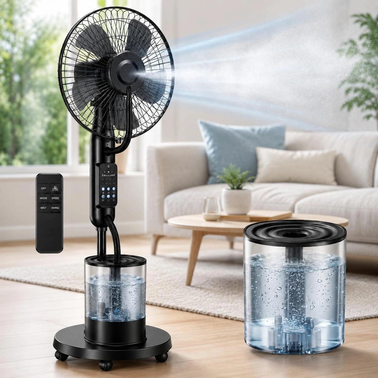 Ventilateur sur Pied Brumisateur 4 L 2026 avec Télécommande, 5 Vitesses, 3 Modes Refroidissement pour Maison, Grand Réservoir Eau, Été et Extérieur