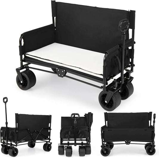 COSTWAY Chariot de Plage Pliable Banc 2 en 1, pour Camping Sport et Shopping (Noir)