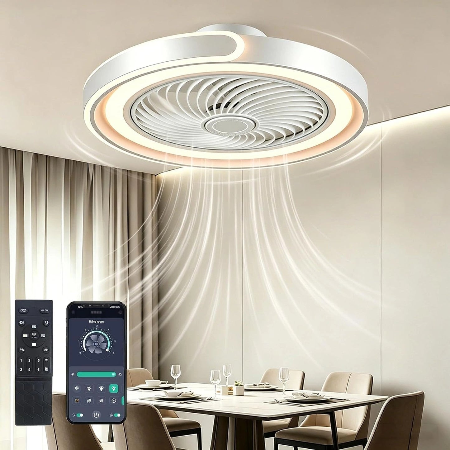 Modernité Rond Ventilateur Plafond Silencieux avec Lumiere, pour Salon Chambre Salle à Manger Cuisine lampe(blanc), 6 Vitesses, Minuterie