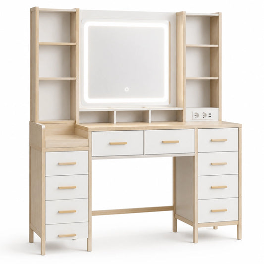 coiffeuse-120-cm-avec-miroir-et-eclairage-led-reglable-9-tiroirs-et-etageres-ouvertes-blanc-lvoois5279kc
