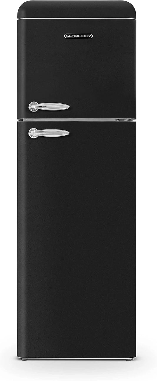 Schneider SCDD309VB, Noir, Réfrigérateur 2 portes Vintage, 302 L (227+75), 3 clayettes verre, Froid brassé, Pose libre, Thermostat réglable