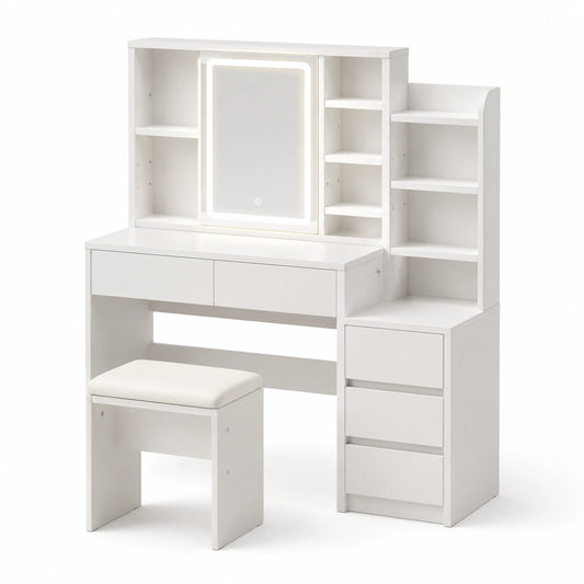coiffeuse-blanche-avec-miroir-led-reglable-et-tabouret-5-tiroirs-et-etageres-xxgouv5217rm