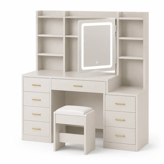 grande-coiffeuse-blanche-avec-miroir-a-led-et-tabouret-luminosite-reglable-8-tiroirs-etageres-et-crochets-oaphsi5196fi
