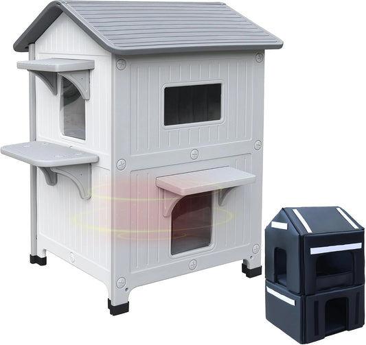Abri pour chat en plein air à 2 étages avec doublure isolante
