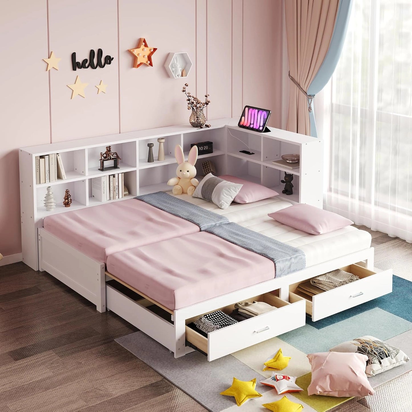 OKMYHOME Lit Gigogne 90x190 cm + 180x190 cm - Lit en Bois avec Rangement et Prise Intégrée, Matelas Non - Blanc, Structure Pin et MDF
