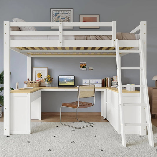Merax Lit Mezzanine Enfant 140x200 cm avec Grand Bureau en U, Blanc et Naturel, 2 Tiroirs et Étagère de Rangement