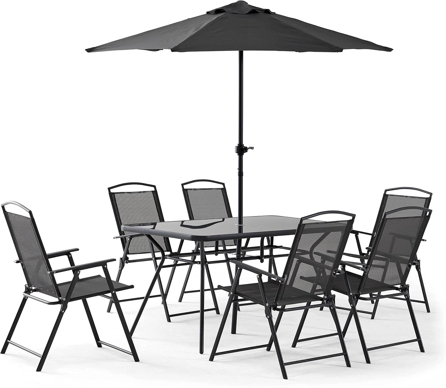 Oviala Salon de Jardin Table et 6 chaises Pliantes avec Parasol Central, fauteuil, 0,9 mm, 140 cm