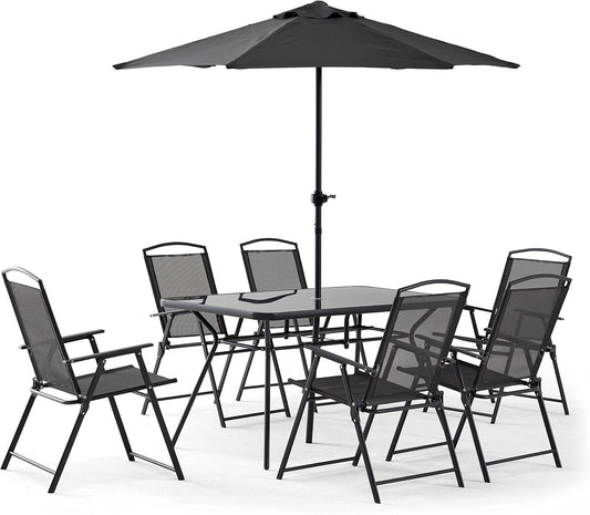 Oviala Salon de Jardin Table et 6 chaises Pliantes avec Parasol Central, fauteuil, 0,9 mm, 140 cm
