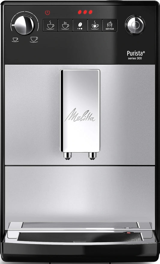 Melitta Purista Argent, Mode 1 à 2 Tasses, Cafetière Expresso 1 L, F230-101, Machine à Café à Grains avec Broyeur et Système d'Extraction des Arômes