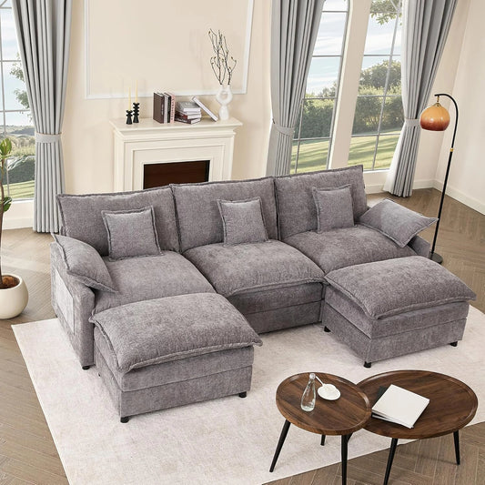 Canapé d'Angle Modulable en U 274 cm, Meuble de Salon Moderne (Gris), 3 Places avec Repose-Pieds Amovible, Tissu chenille, assemblage requis