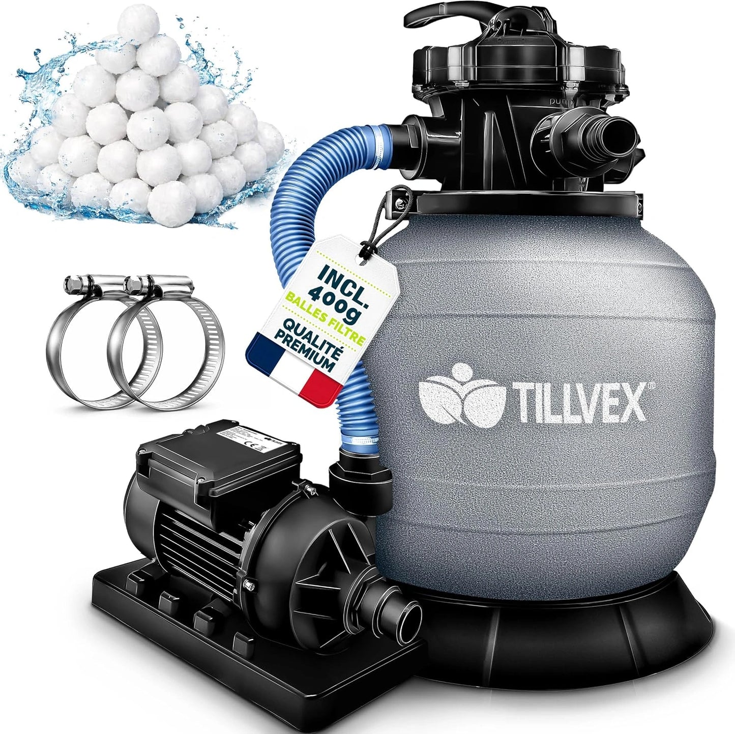 tillvex Système de Filtre à Sable 7.900 L/h + 400g Boules de Filtre, Filtre de piscine avec indicateur de pression (Gris)
