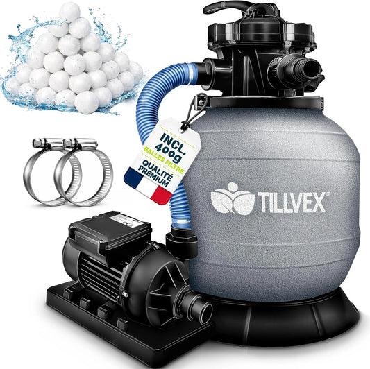 tillvex Système de Filtre à Sable 7.900 L/h + 400g Boules de Filtre, Filtre de piscine avec indicateur de pression (Gris)