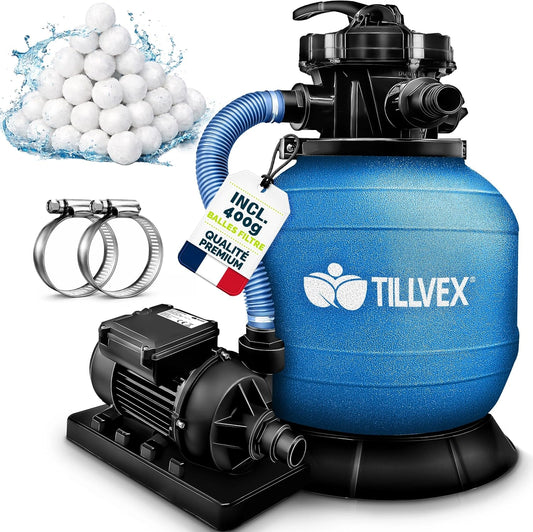 tillvex Système de Filtre à Sable 7.900 L/h + 400g Boules de Filtre, Filtre de piscine avec indicateur de pression (Bleu)