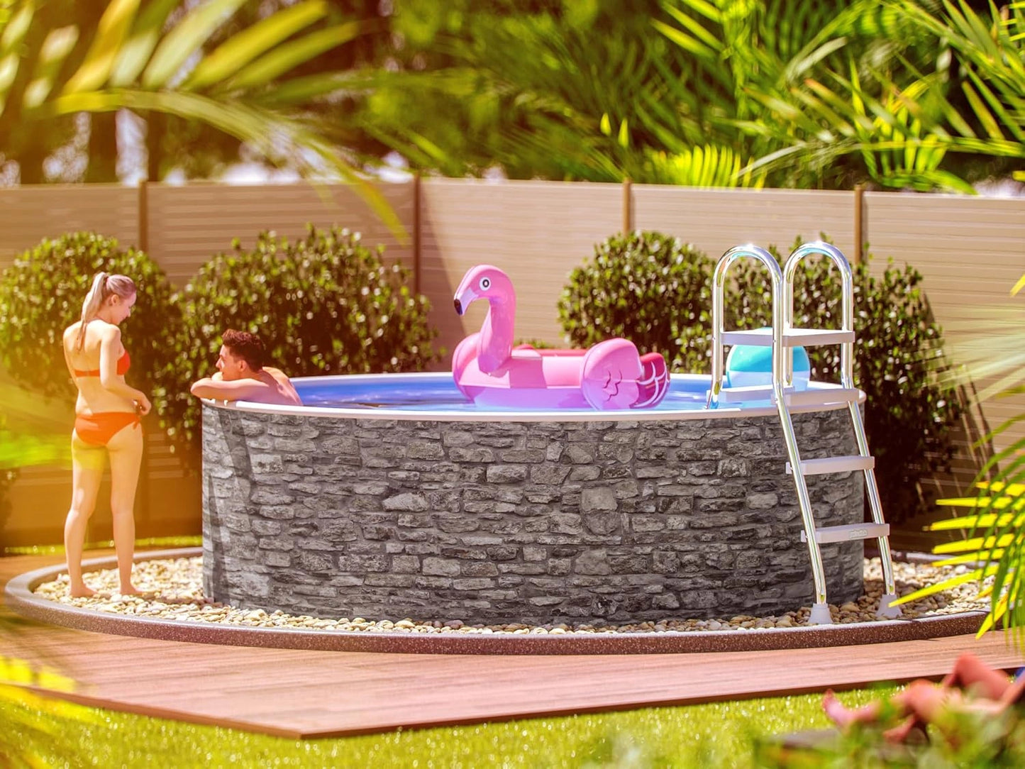 poolomio Piscine Ronde à Paroi en Acier 360 x 120 cm - Aspect Pierre - Kit Complet Hors Sol ou Encastrable avec Film Intérieur 0,5 mm, Skimmer