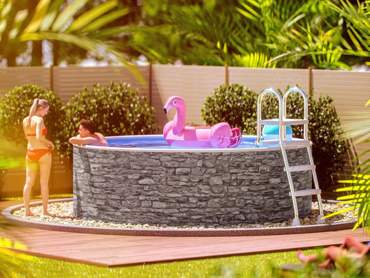 poolomio Piscine Ronde à Paroi en Acier 360 x 120 cm - Aspect Pierre - Kit Complet Hors Sol ou Encastrable avec Film Intérieur 0,5 mm, Skimmer